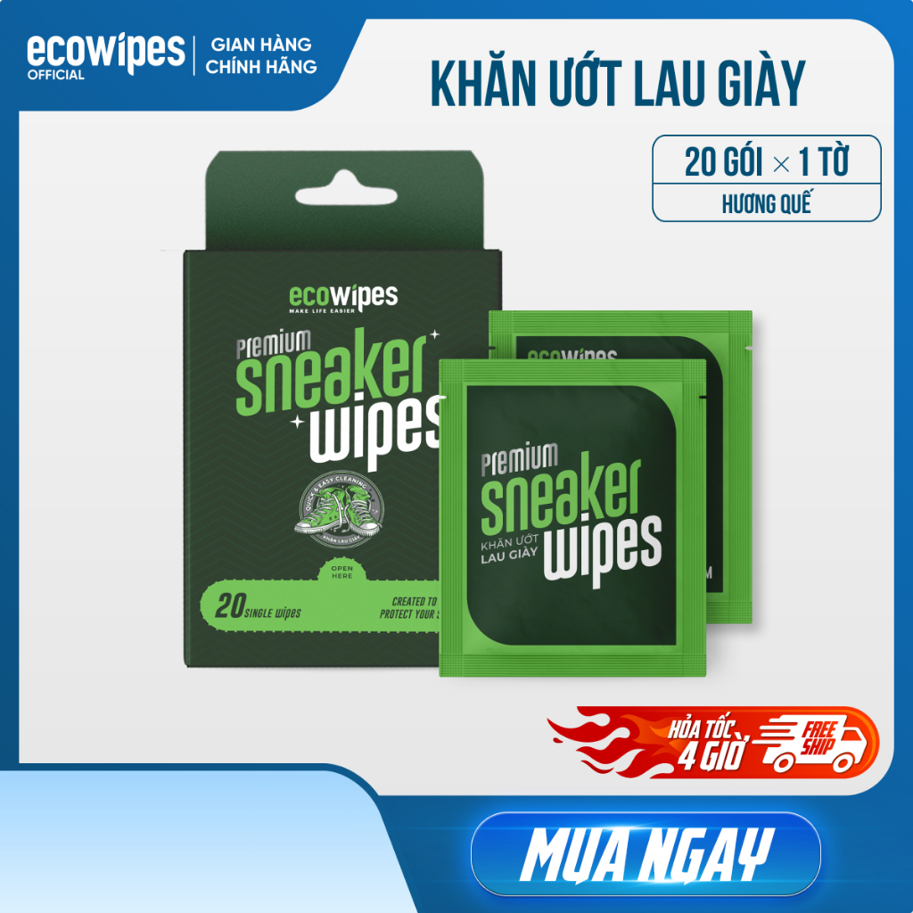 Hộp 20 gói Khăn ướt lau giày thể thao cấp tốc Sneaker EcoWipes gói 1 tờ hương quế khử mùi