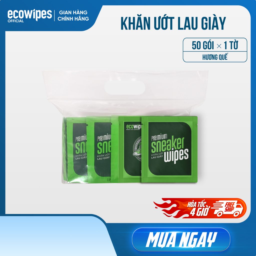 Túi 50 gói Khăn ướt lau giày thể thao cấp tốc Sneaker EcoWipes gói 1 tờ hương quế khử mùi