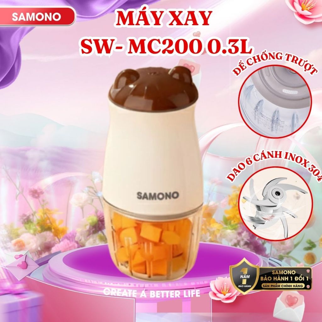 Máy xay thực phẩm mini đa năng Samono SW-MC200, 6 lưỡi dao, dung tích 300ml, 200W, xay nhuyễn cho bé