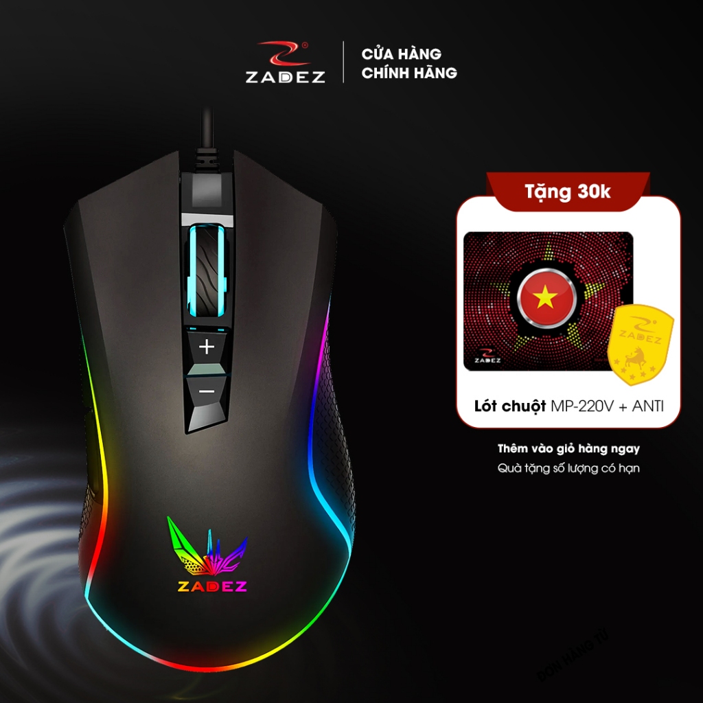 Chuột Gaming Có Dây ZADEZ GT-615PM - 12.000 DPI Cảm Biến Pixart PMW3360, IPS 250 inch, LED RGB, 7 Nú