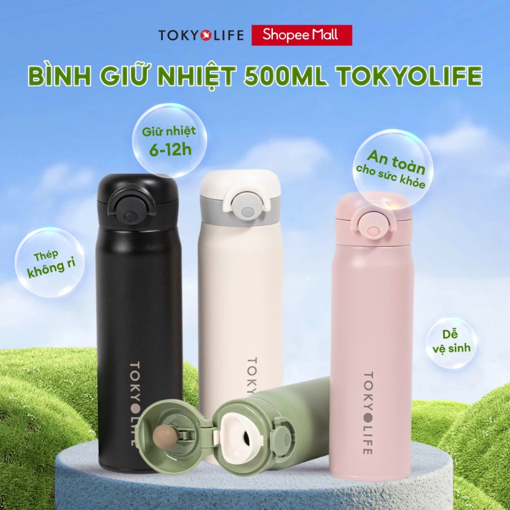 Bình giữ nhiệt inox 304 an toàn 500ML TOKYOLIFE chống gỉ cao cấp, giữ nhiệt lâu, dễ cầm tay