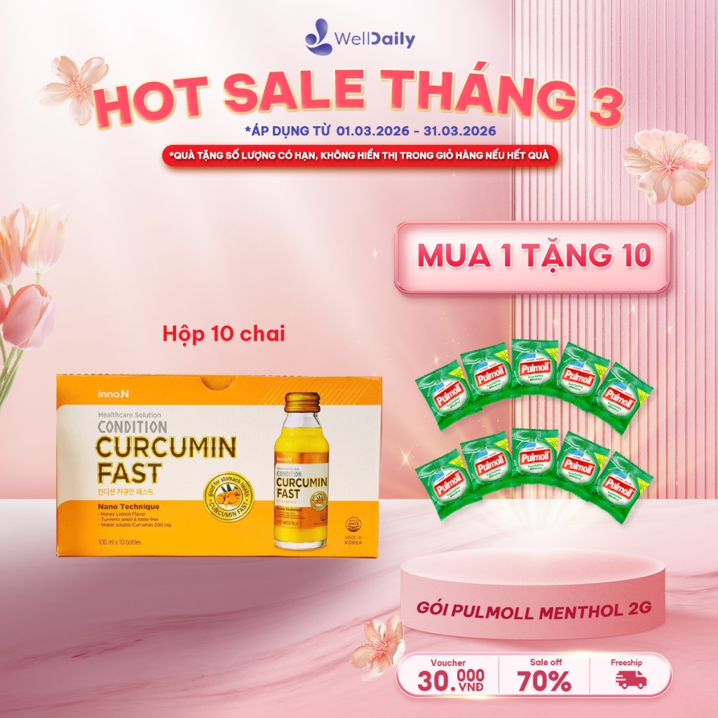Hộp 10 chai nước tinh nghệ Nano Condition Curcumin Fast bảo vệ chức năng dạ dày 100ml