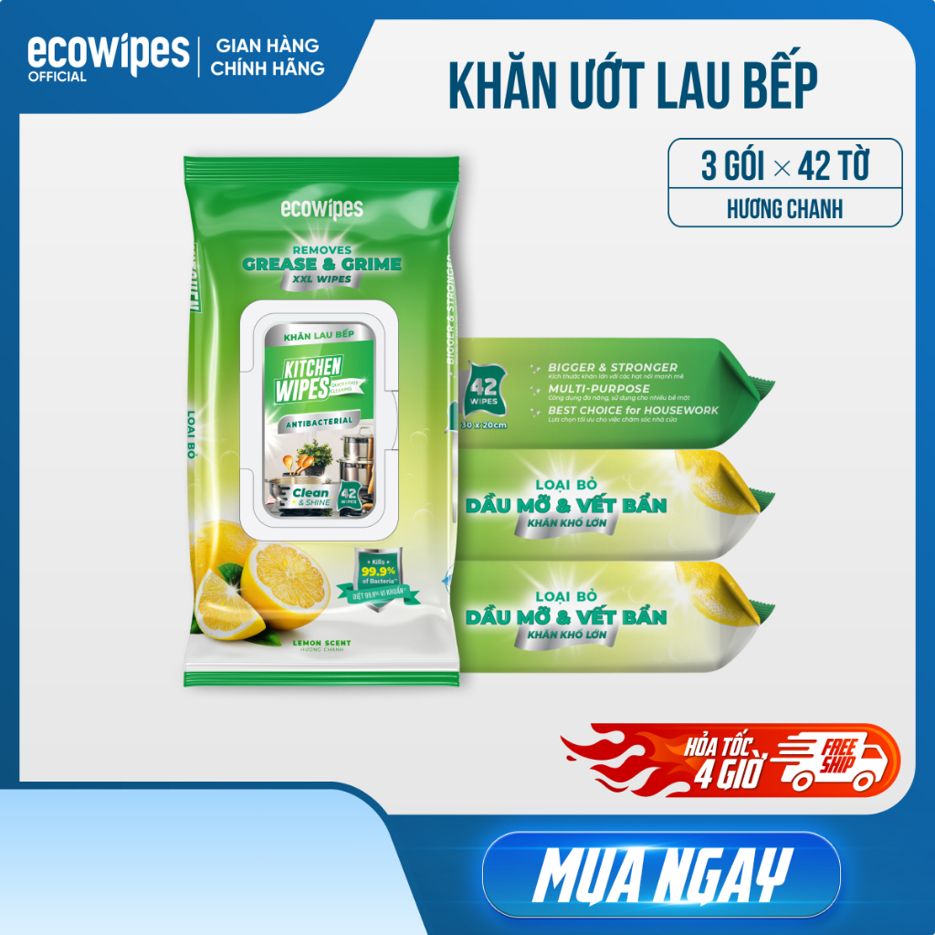 Combo 03 gói khăn ướt lau bếp cao cấp Kitchen EcoWipes gói 42 tờ size lớn hương chanh