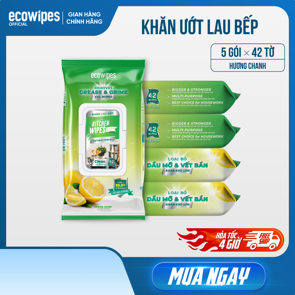 Thùng 05 gói khăn ướt lau bếp cao cấp Kitchen EcoWipes gói 42 tờ size lớn hương chanh