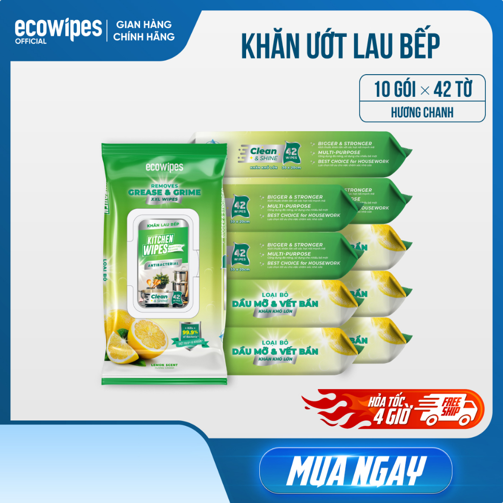 Thùng 10 gói khăn ướt lau bếp cao cấp Kitchen EcoWipes gói 42 tờ size lớn hương chanh