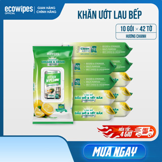 Thùng 10 gói khăn ướt lau bếp cao cấp Kitchen EcoWipes gói 42 tờ size lớn hương chanh