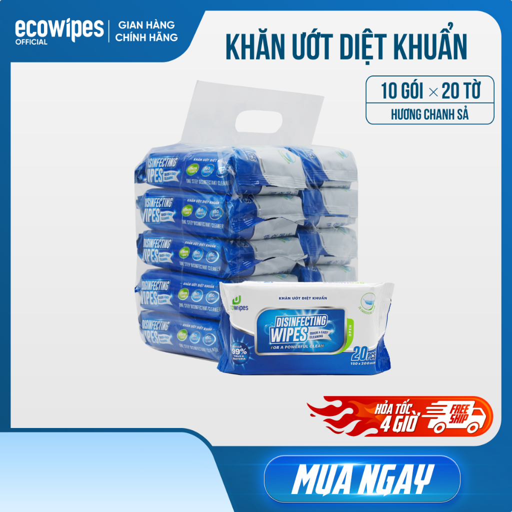 Túi 10 gói khăn ướt diệt khuẩn EcoWipes 20 tờ hương chanh sả