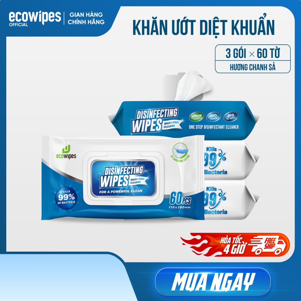 Combo 03 gói khăn ướt diệt khuẩn EcoWipes 60 tờ hương chanh sả