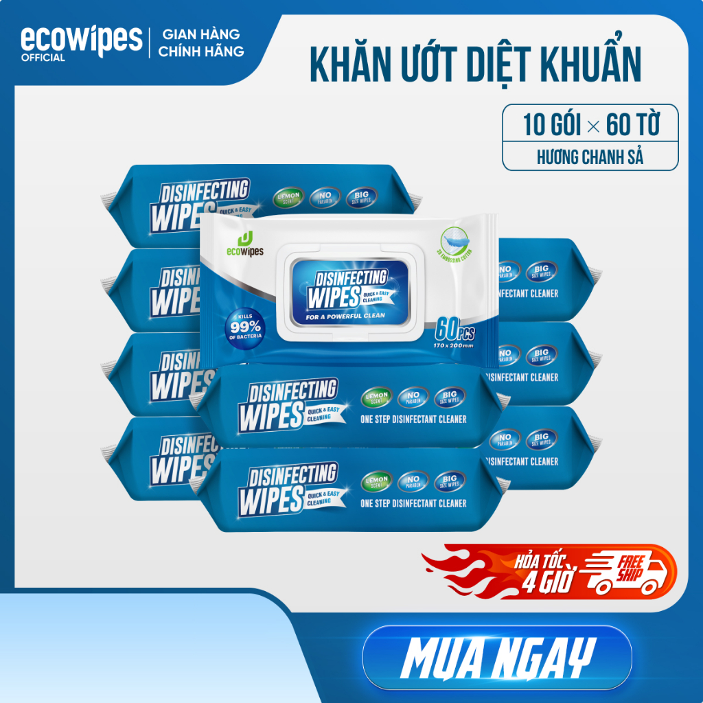 Thùng 10 gói khăn ướt diệt khuẩn EcoWipes 60 tờ hương chanh sả