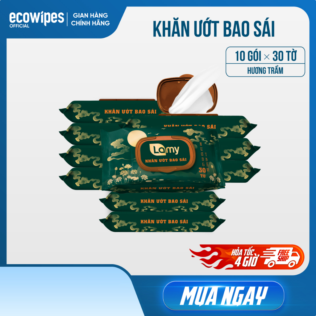 Thùng 10 gói khăn ướt bao sái lau bàn thờ Lamy gói 30 tờ Hương Trầm