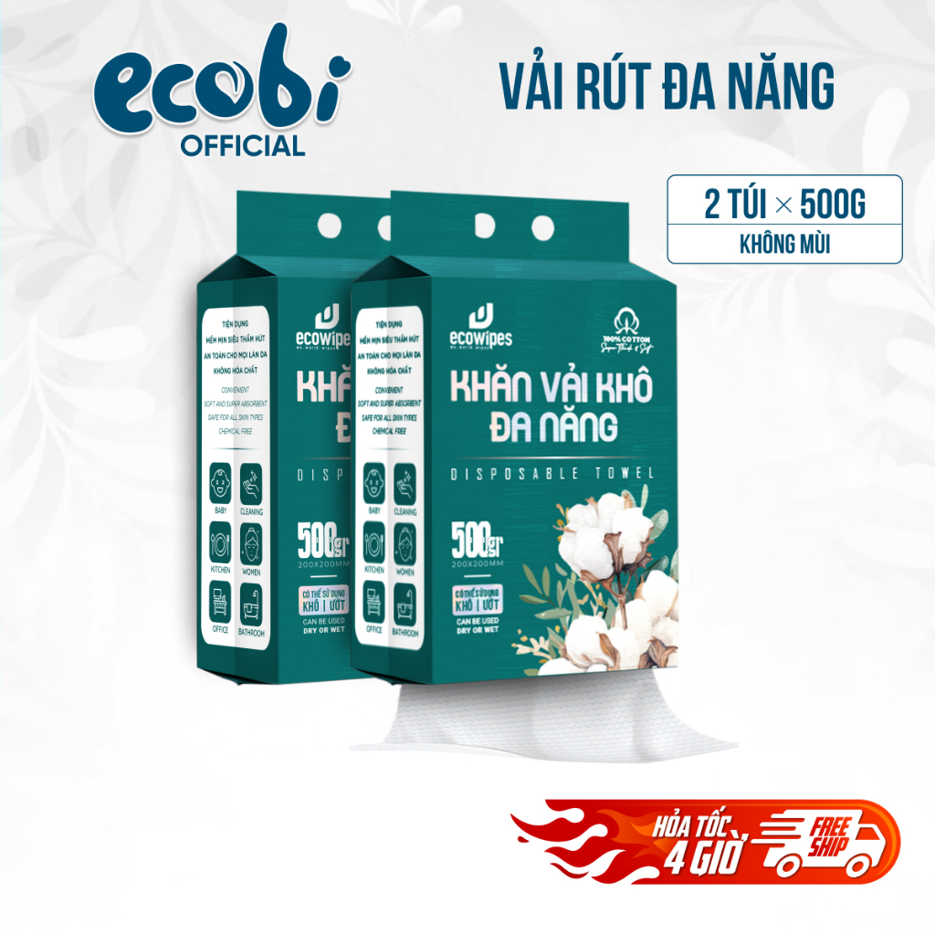 TẶNG MÓC TREO_Thùng 02 túi khăn vải rút khô đa năng cao cấp EcoWipes 500gram không mùi