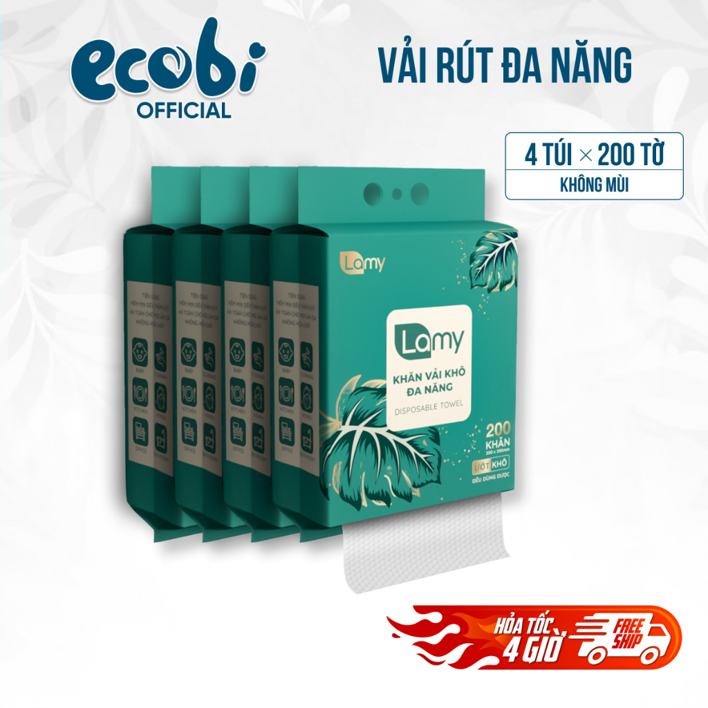 TẶNG MÓC TREO_Thùng 04 túi khăn vải rút khô đa năng Lamy túi 200 tờ không mùi