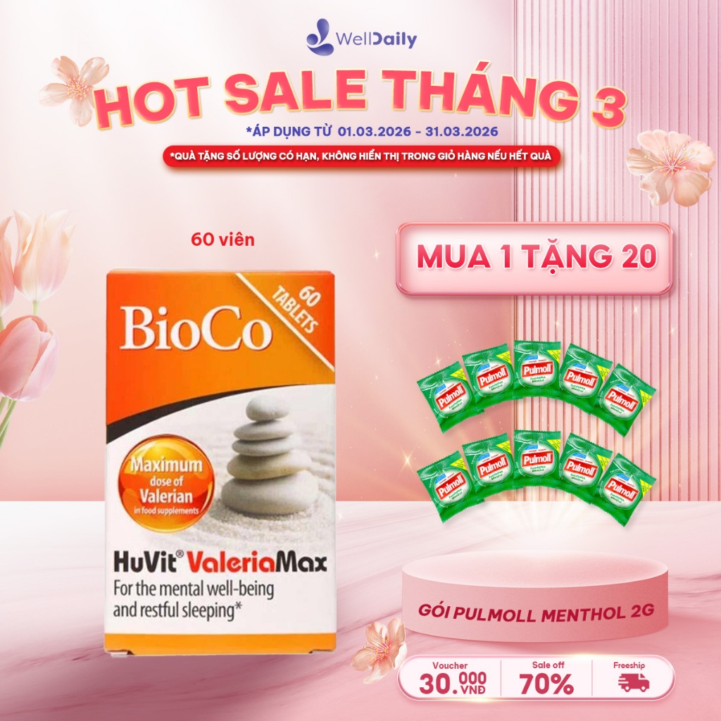 Viên uống hỗ trợ giấc ngủ an thần BioCo Huvit Valeria Max 60 viên