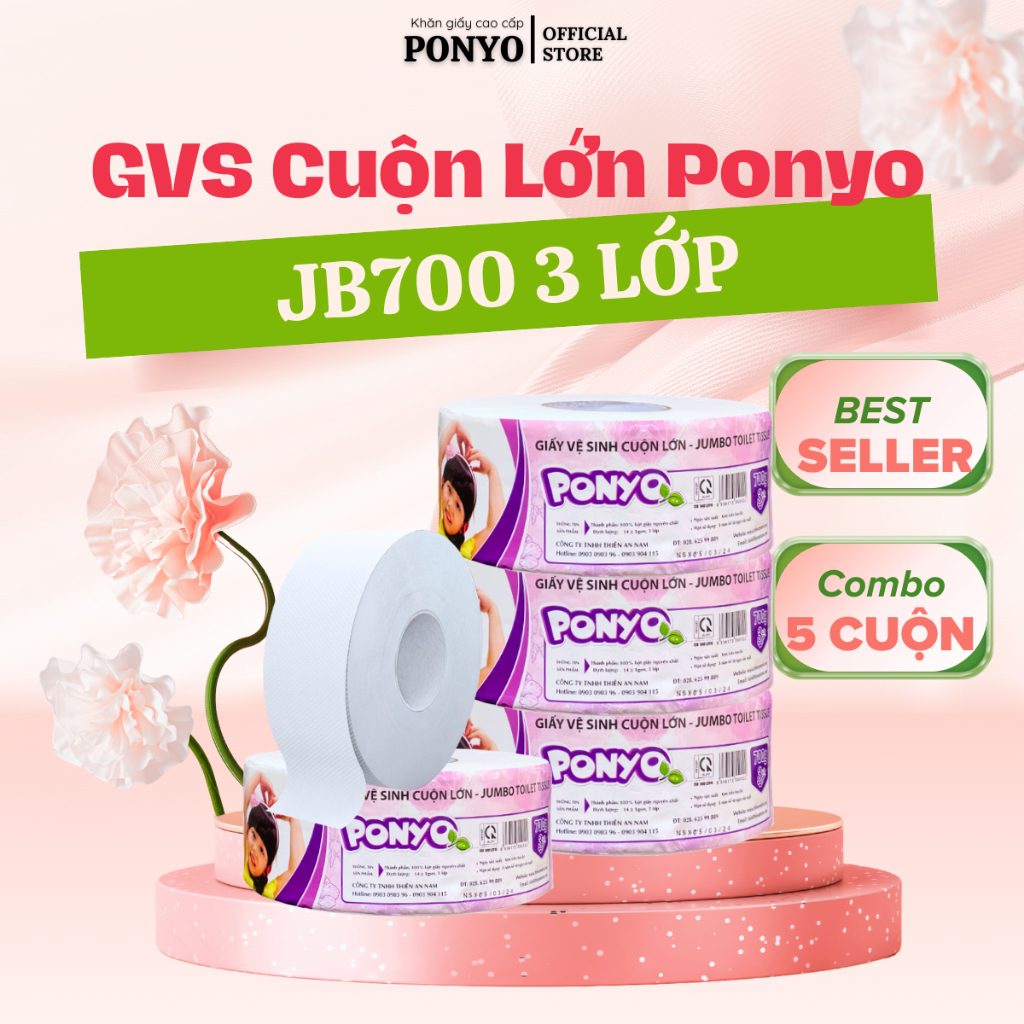 Combo 5 Cuộn Giấy Vệ Sinh Cuộn Lớn Cao Cấp, Siêu Dày, Tan Nhanh PONYO JB700 3 lớp 700g