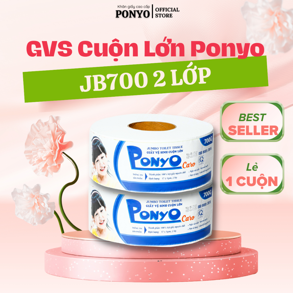 Giấy vệ sinh cuộn lớn siêu mịn PONYO JB700 2 lớp chất lượng cao hoạ tiết lụa/caro 700g - Thiên An Na