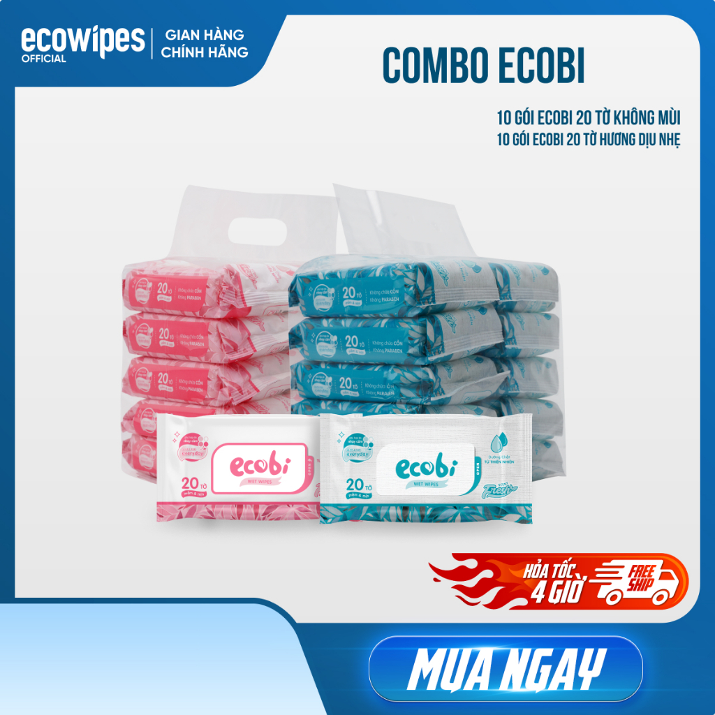 Thùng 20 gói khăn ướt cao cấp Ecobi gói 20 tờ Không Mùi / Hương Dịu Nhẹ