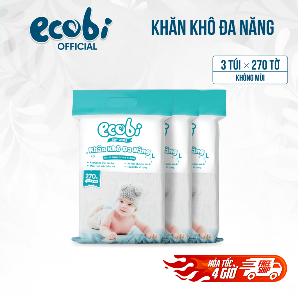 Combo 03 túi khăn vải khô đa năng cao cấp Ecobi túi 270 tờ không mùi tiết kiệm