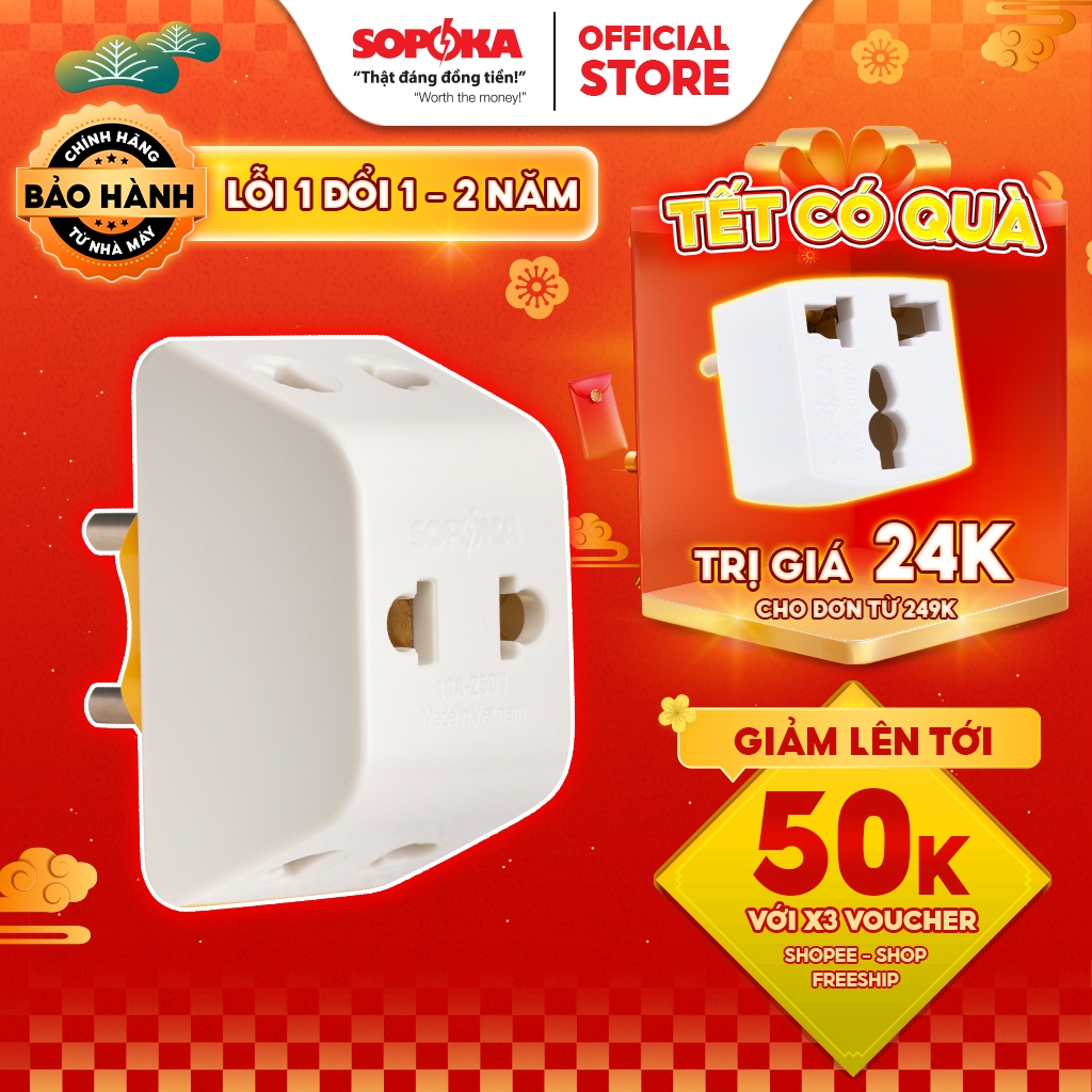 Đầu nối chia điện đa năng 3 cửa sopoka p11 chống tuột phích chịu tải 2200w bảo hành 2 năm