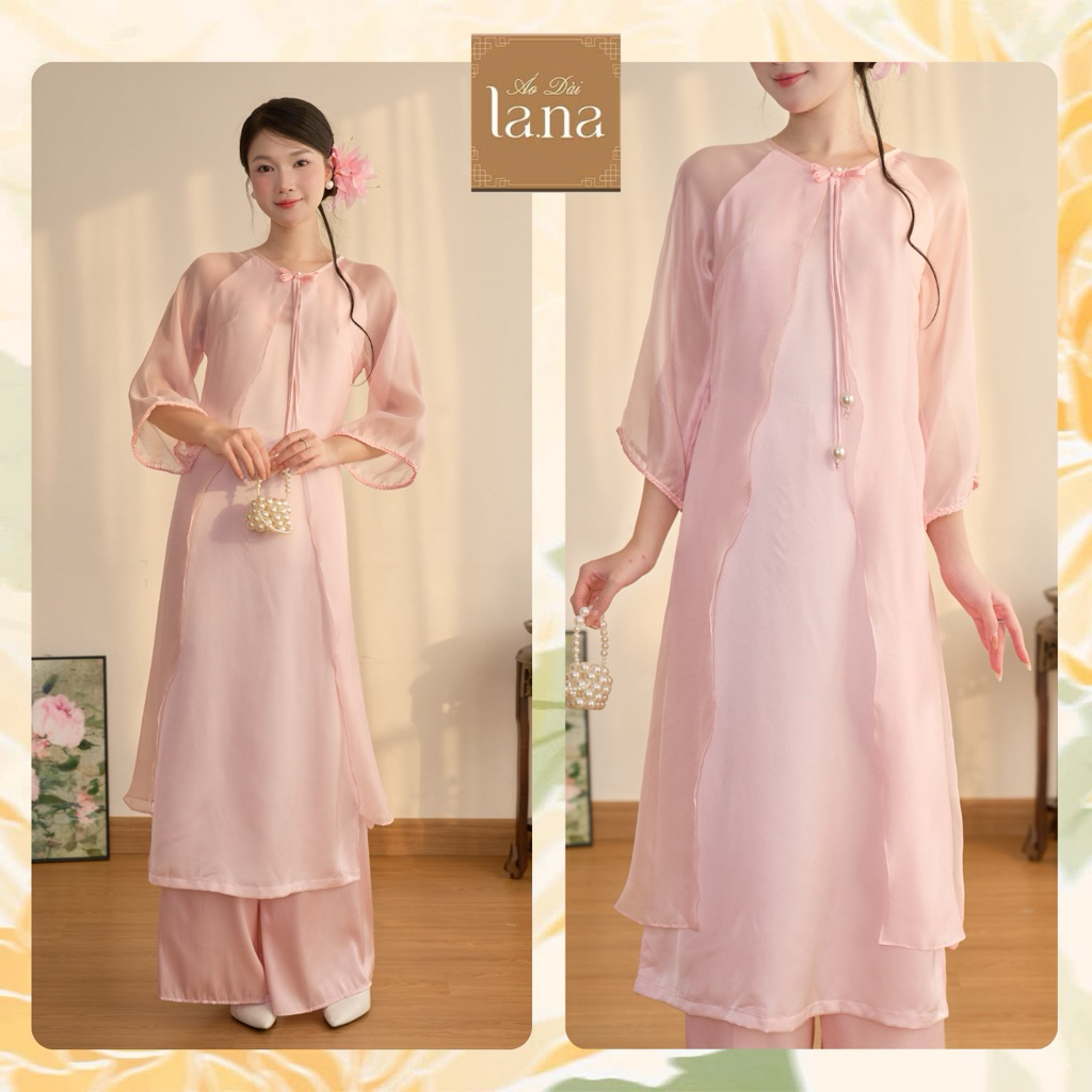 Áo dài thiết kế Từ Nhiên hồng chất lụa phối tơ mềm form suông 4 tà tơ bay nhẹ kèm quần lụa - SD257 L