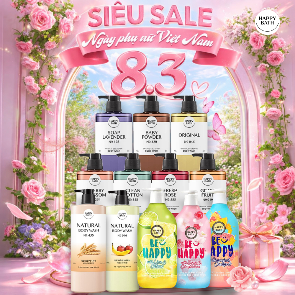 Sữa Tắm Happy Bath Natural An Toàn Cho Cả Mẹ Bầu Và Em Bé, Sữa Tắm Dưỡng Trắng Cho Da Nhạy Cảm Chai Lớn 900G/910G