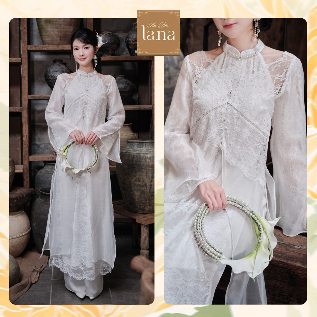 Áo dài cách tân Uyển Ngọc Trang dáng giả yếm cutout vai phối vải ren hoa chìm phối tằm óng nhẹ – SD3