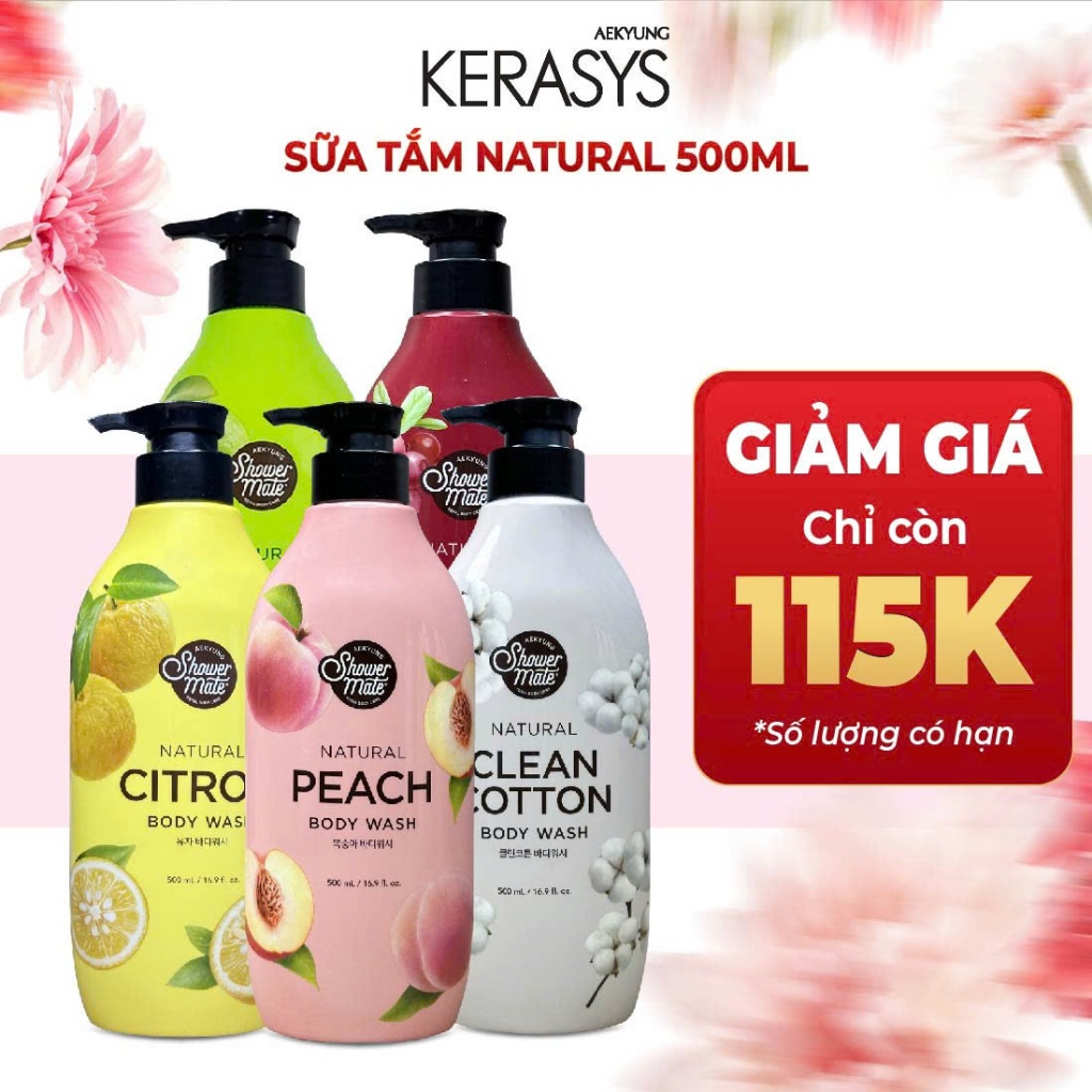 Sữa tắm Shower Mate Natural Hàn Quốc hương trái cây làm sạch sâu, dưỡng ẩm, trắng sáng da 500ml