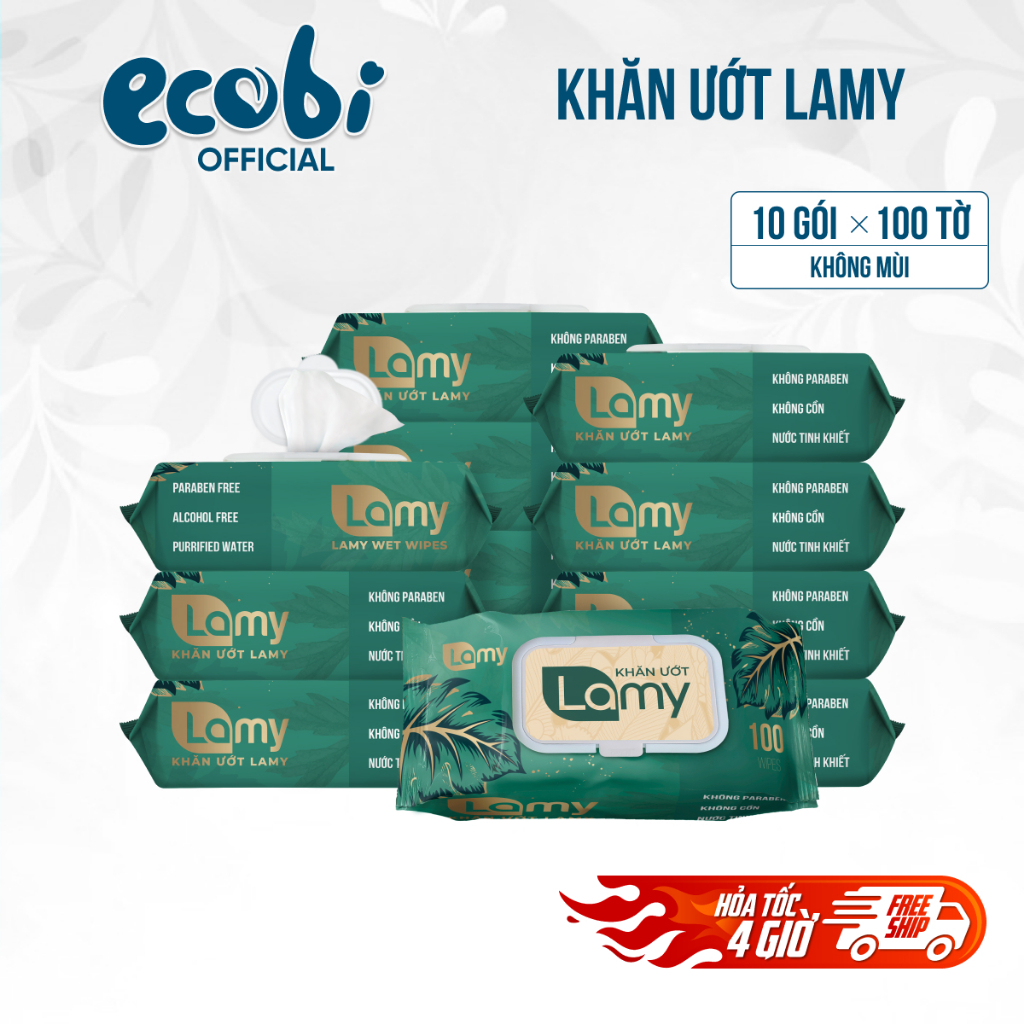 Thùng 10 Gói Khăn Ướt Lamy Gói 100 Tờ Không Mùi Không Cồn Không Paraben Siêu Tiết Kiệm