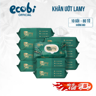Thùng 10 gói khăn ướt Lamy gói 80 tờ không mùi cho gia đình