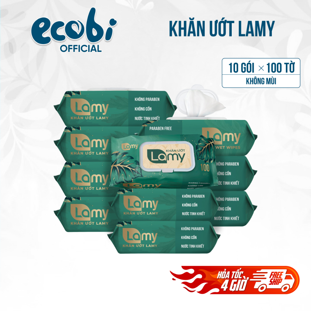 Thùng 10 gói khăn ướt Lamy 100 tờ không mùi cao cấp