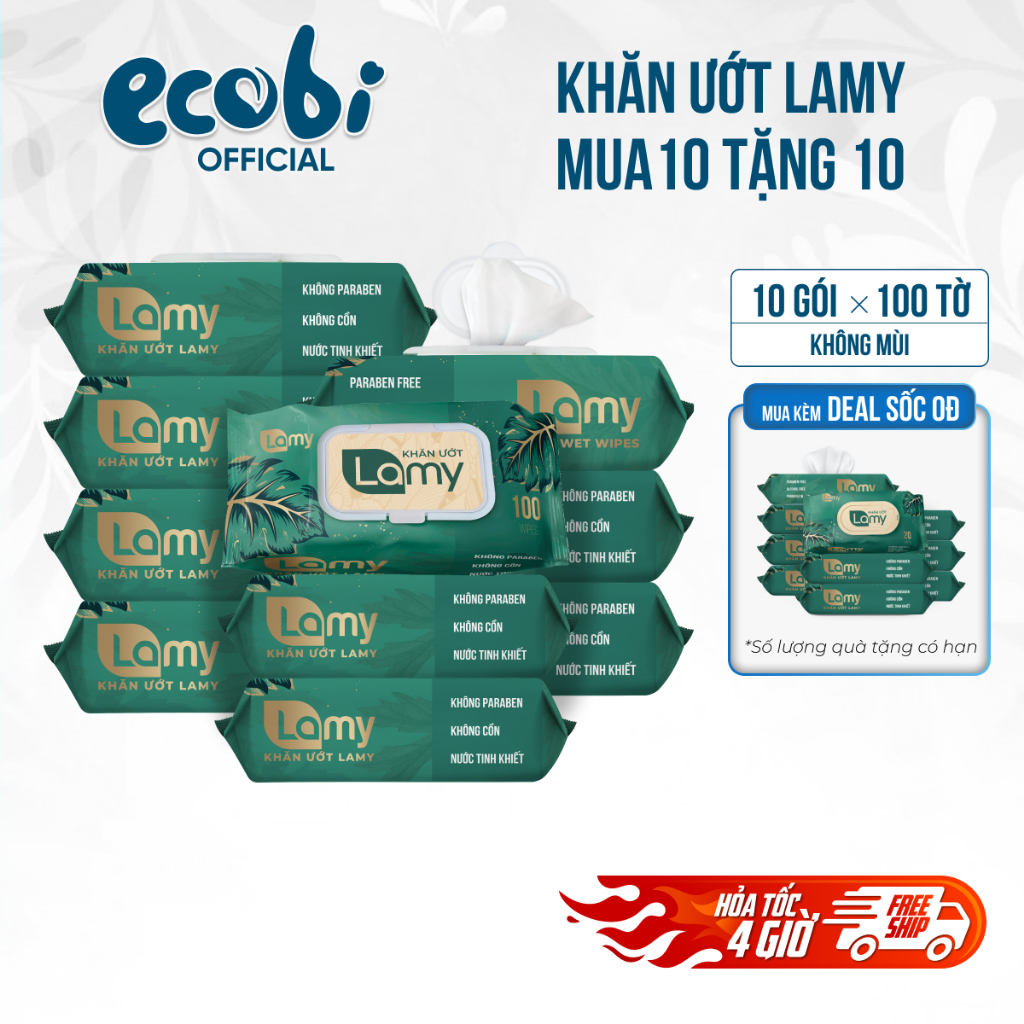 MUA 10 TẶNG 10_ Thùng 10 gói khăn ướt Lamy 100 tờ + 10 gói khăn ướt Lamy 20 tờ (1 đơn 1 quà)