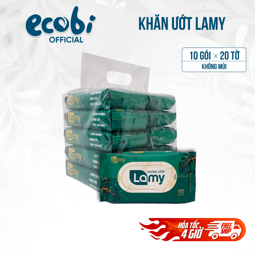Túi 10 gói khăn ướt Lamy gói 20 tờ nhỏ nhắn không mùi