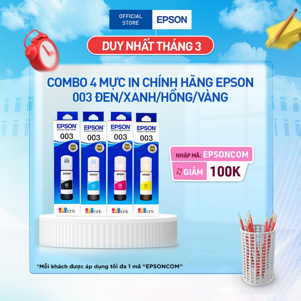 Combo Mực In Chính Hãng Epson 003 Dùng Cho Máy L1110/L3110/L3150/L5190/L1216/l1210/L3216/l3210/l3250/L3256/L5290/L5296