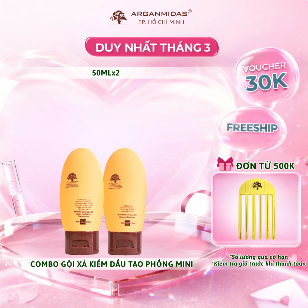 [Combo Mini] Dầu gội kiềm dầu tạo phồng chân tóc và dầu xả siêu dưỡng ẩm phục hồi tóc hư tổn Arganmidas - 50ml