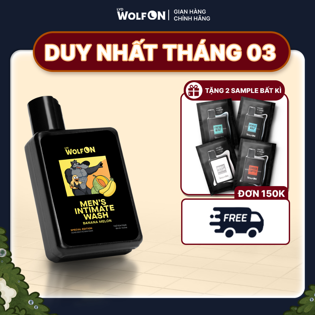 Dung Dịch Vệ Sinh Nam Giới, LYD Wolf On Hương Chuối Melon Tươi Mát Cuốn Hút, Khử Mùi, Chai 95ml