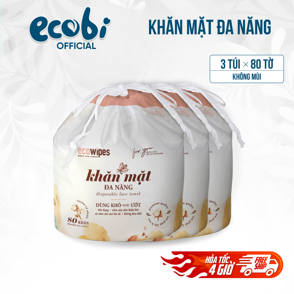 Combo 03 túi khăn mặt khô đa năng cao cấp EcoWipes cuộn 80 tờ dày 75gsm không mùi