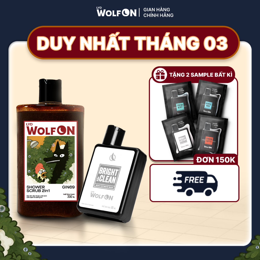 Set Sản Phẩm Chăm Sóc Nam Giới LYD Wolf ON: 1 Dung Dịch Vệ Sinh 95ml + 1 Shower Scrub 300ml