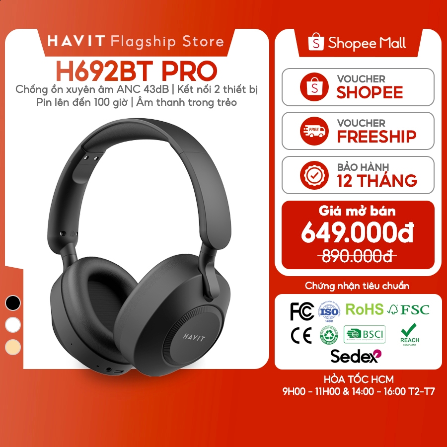 Tai nghe Bluetooth Headphone Havit H692BT Pro Pin 100 tiếng | Kết Nối 2 Thiết Bị | BT 6.0 | BigBuy360 - bigbuy360.vn