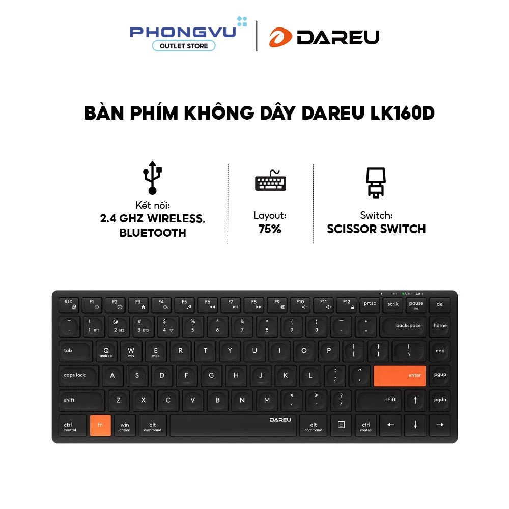Bàn phím không dây DareU LK160D Black - Dual Mode - Scissor Switch - TKL - Bảo hành 24 tháng