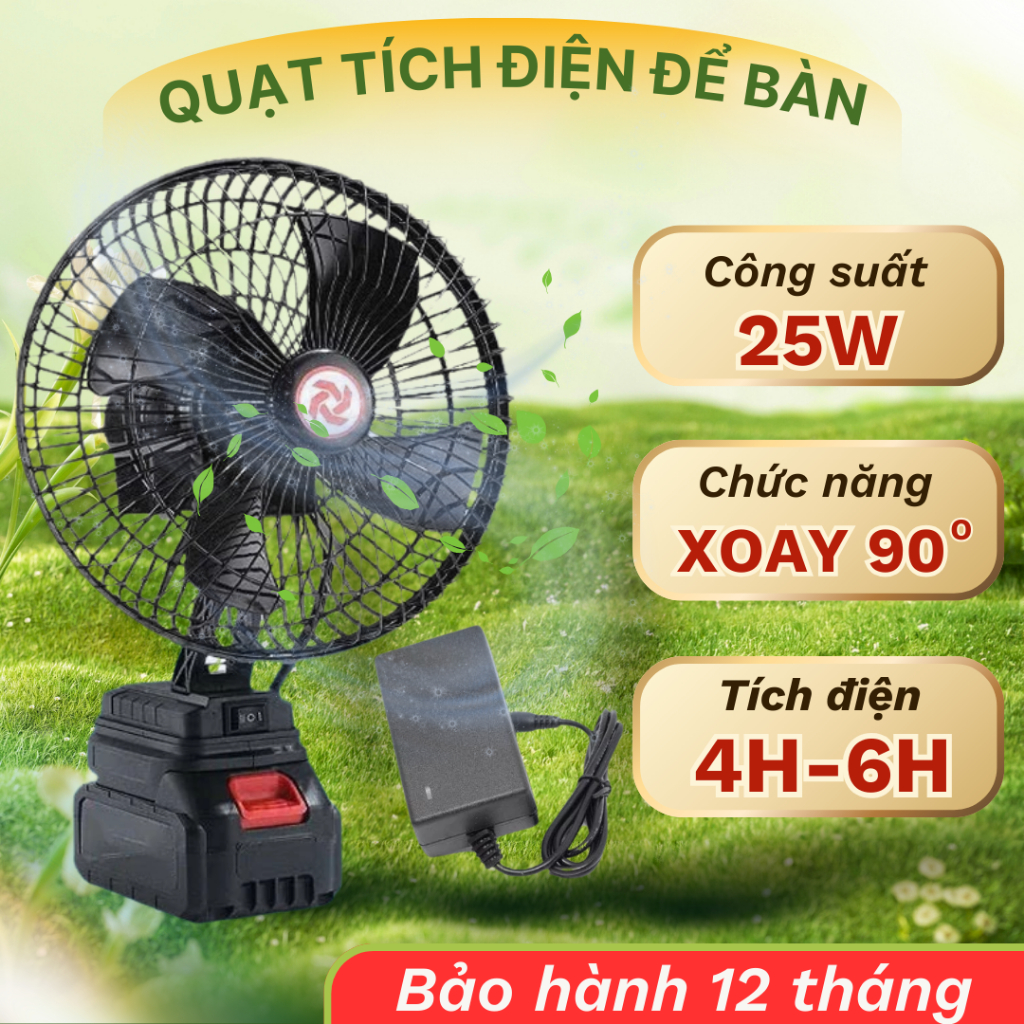 Quạt để bàn tích điện 10 cell 48V có xoay, 2 chế độ gió siêu mát, quạt pin rời siêu trâu
