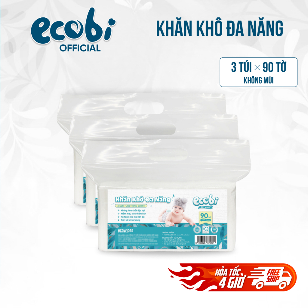 Combo 03 túi khăn vải khô đa năng cao cấp Ecobi túi 90 tờ không mùi