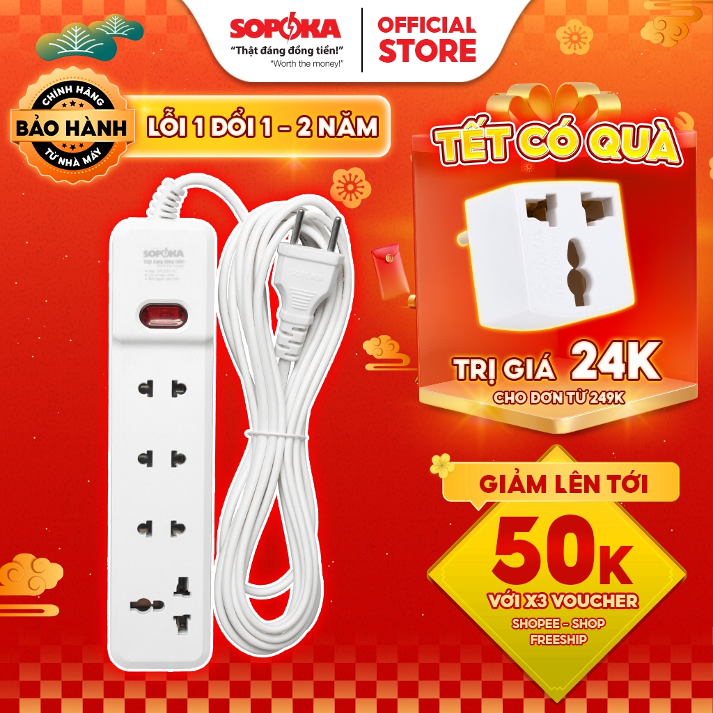 Ổ cắm điện nhiều lỗ cắm sopoka 3m2-6m2, chống tuột phích có công tắc chịu tải 2200w bảo hành 2 năm