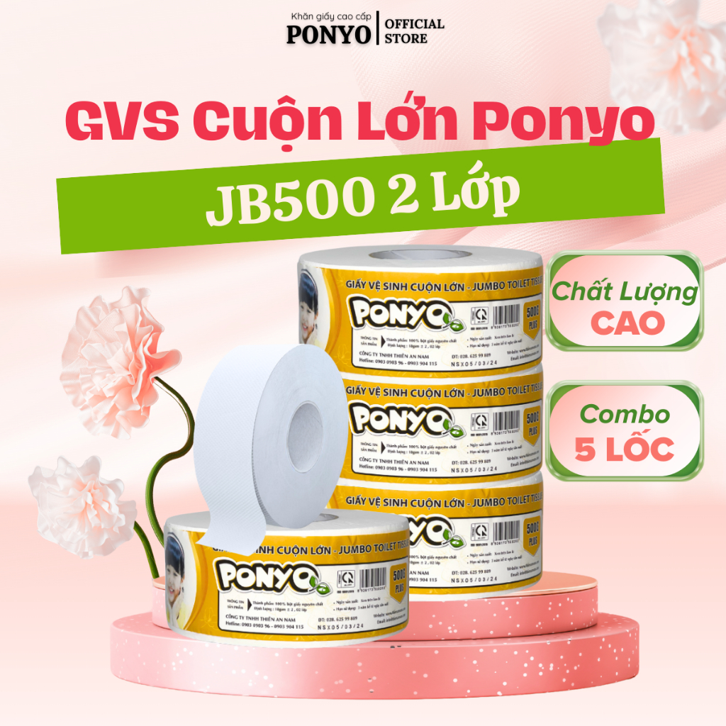 Combo 5 Cuộn Giấy Vệ Sinh Cuộn Lớn Ponyo JB500 2 Lớp Hoạ Tiết Caro 500g