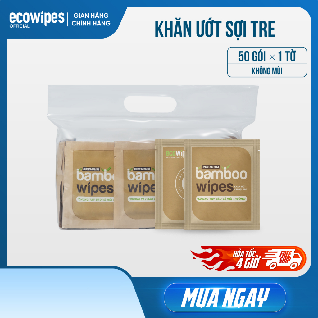 Túi 50 gói khăn ướt vải sợi tre kháng khuẩn EcoBamboo EcoWipes gói 1 tờ không mùi