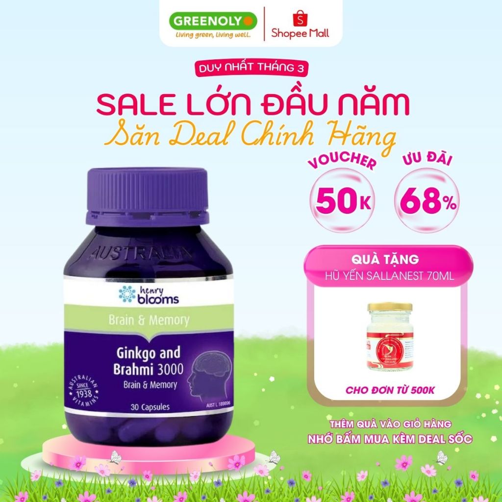 Viên Uống Bổ Não & Tăng Cường Trí Nhớ Ginkgo And Brahmi 3000 Henry Blooms