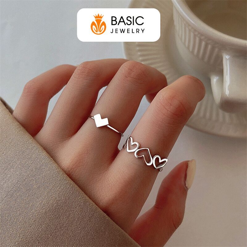 Set 2 nhẫn thiết kế họa tiết trái tim phong cách Hàn Quốc sang trọng cho nữ có thể điều chỉnh kích cỡ Basic Jewelry