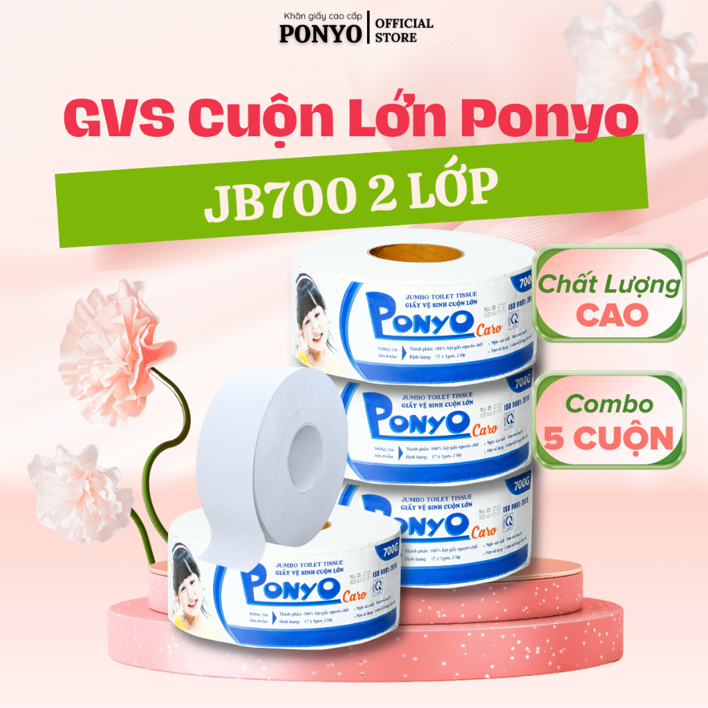 Combo 5 cuộn Giấy vệ sinh cuộn lớn PONYO JB700 2 lớp hoạ tiết caro/trơn 700g -Thiên An Nam paper