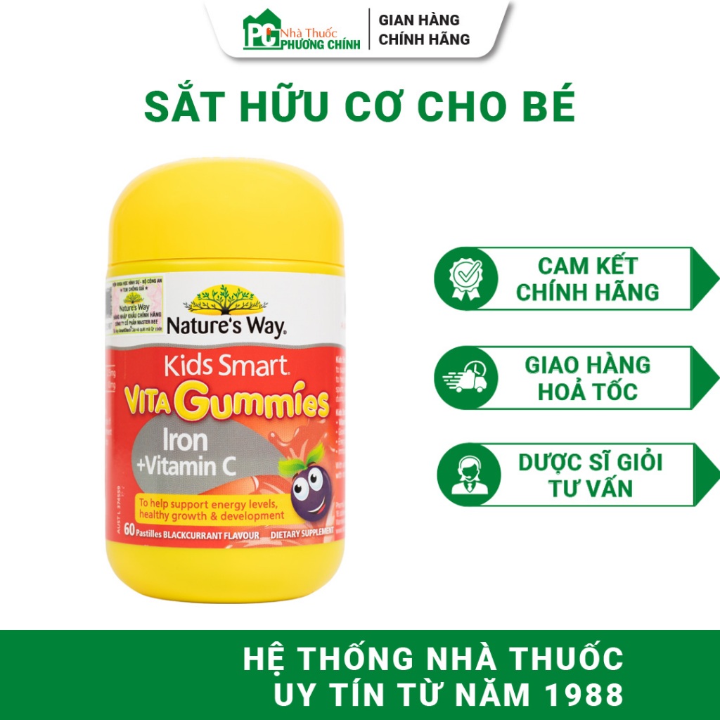 Kẹo Dẻo Sắt Hữu Cơ & Vitamin C Nature's Way Kids Smart Vita Gummies Iron + Vitamin C 60 Viên/Lọ