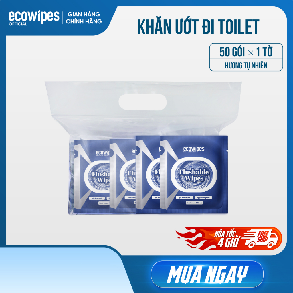Túi 50 gói Khăn ướt đi toilet có thể xả trong bồn cầu Flushable EcoWipes gói 1 tờ hương tự nhiên