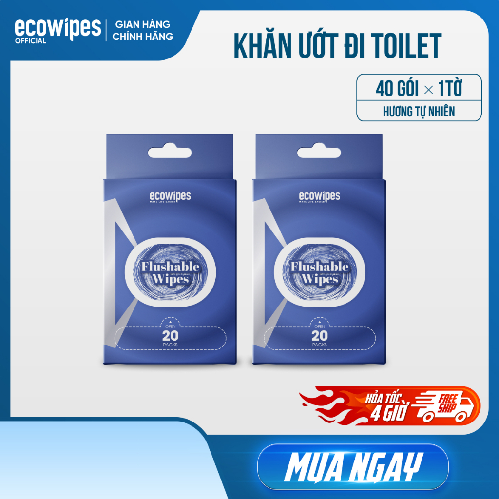 Combo 02 hộp 40 gói khăn ướt đi toilet có thể xả trong bồn cầu Flushable EcoWipes gói 1 tờ