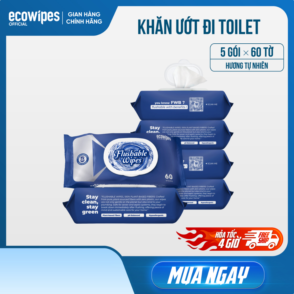 Combo 05 gói khăn ướt đi toilet có thể xả trong bồn cầu Flushable EcoWipes gói 60 tờ hương tự nhiên